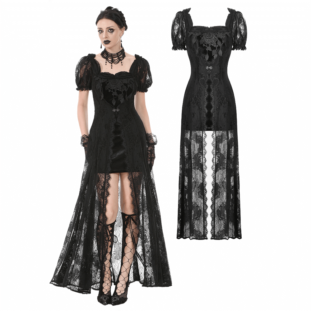 Gothic black lace puff sleeve long maxi dress featuring a corset back and sheer skirt, perfect for evening wear and cosplay.