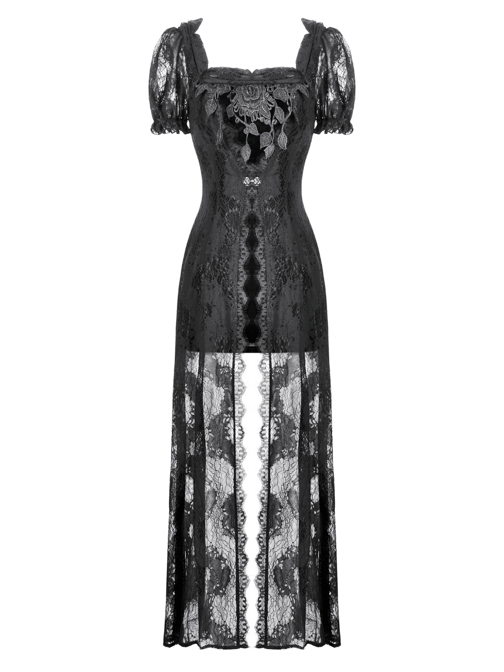 Gothic black lace puff sleeve long maxi dress with corset back and floral neckline, perfect for evening wear.