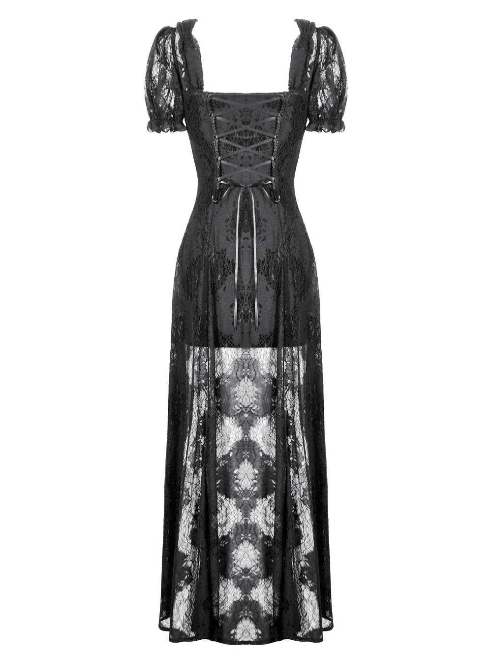 Gothic black lace puff sleeve maxi dress with corset back and sheer skirt for Victorian-inspired evening wear.