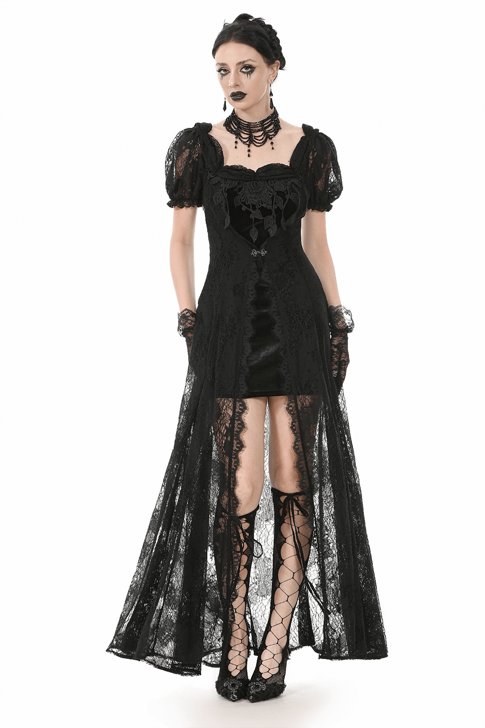 Gothic black lace puff sleeve long maxi dress with corset back, perfect for Victorian and cosplay events.