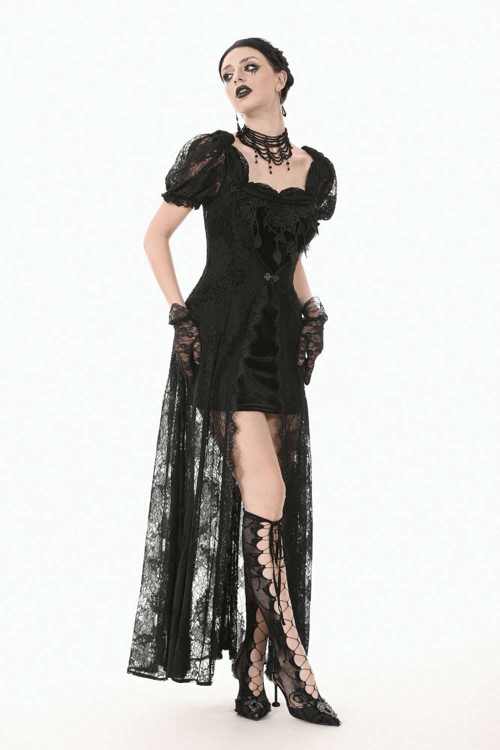 Gothic black lace puff sleeve long maxi dress with floral details and corset back, perfect for evening wear or cosplay.