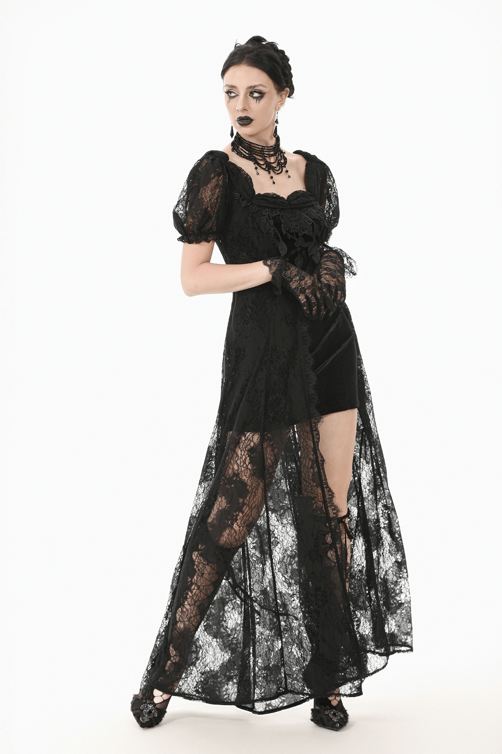 Gothic black lace puff sleeve maxi dress with corset back, perfect for evening wear and romantic events.