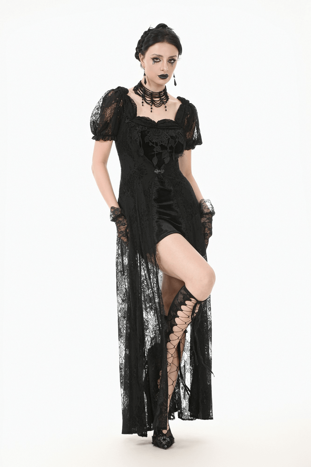 Gothic black lace puff sleeve maxi dress with corset back, perfect for evening wear and romantic gothic events.