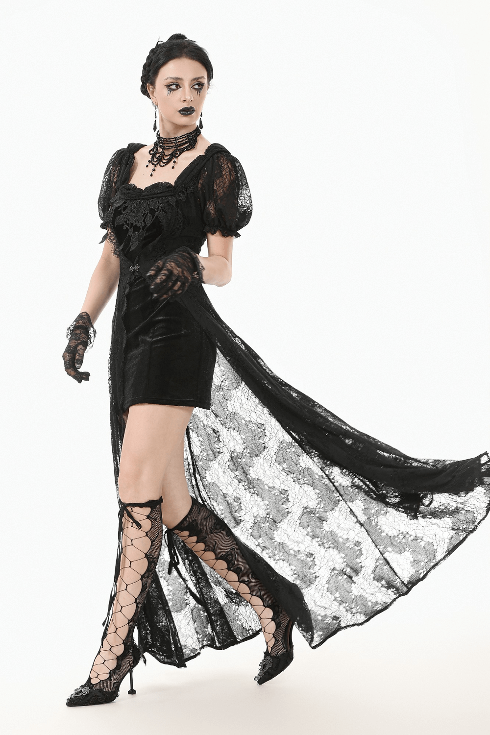 Gothic black lace long maxi dress with puff sleeves and corset back for an elegant Victorian-inspired look.