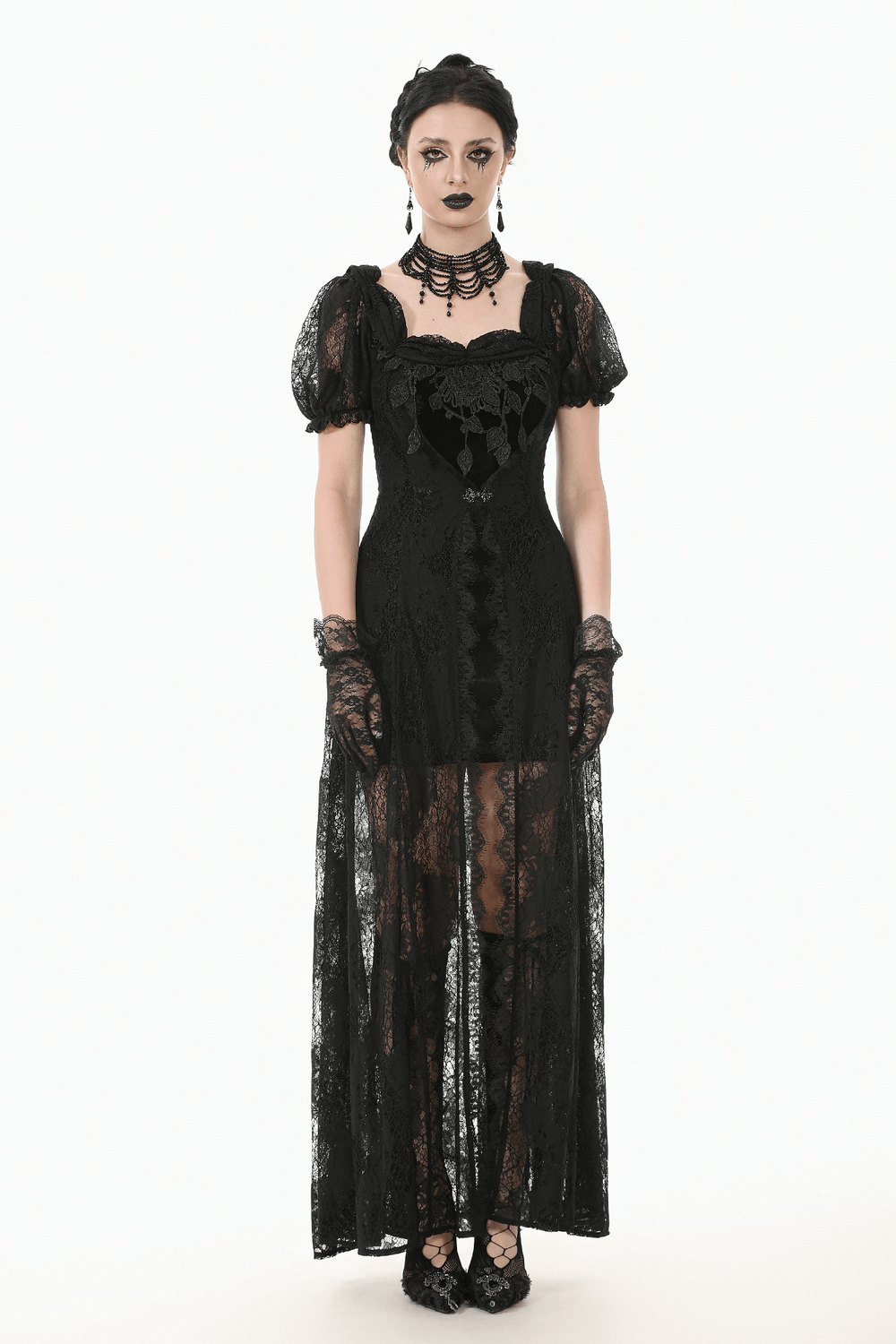 Gothic black lace puff sleeve long maxi dress with corset back, perfect for evening wear and romantic events.