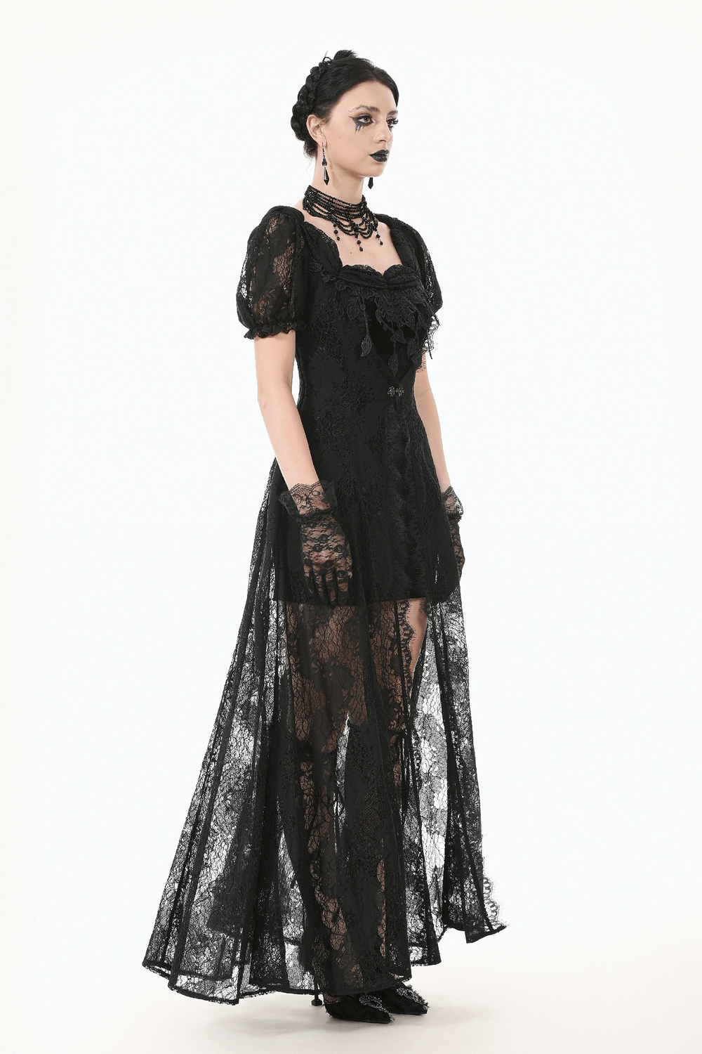 Gothic black lace maxi dress with puff sleeves, corset back, perfect for evening wear and romantic events.