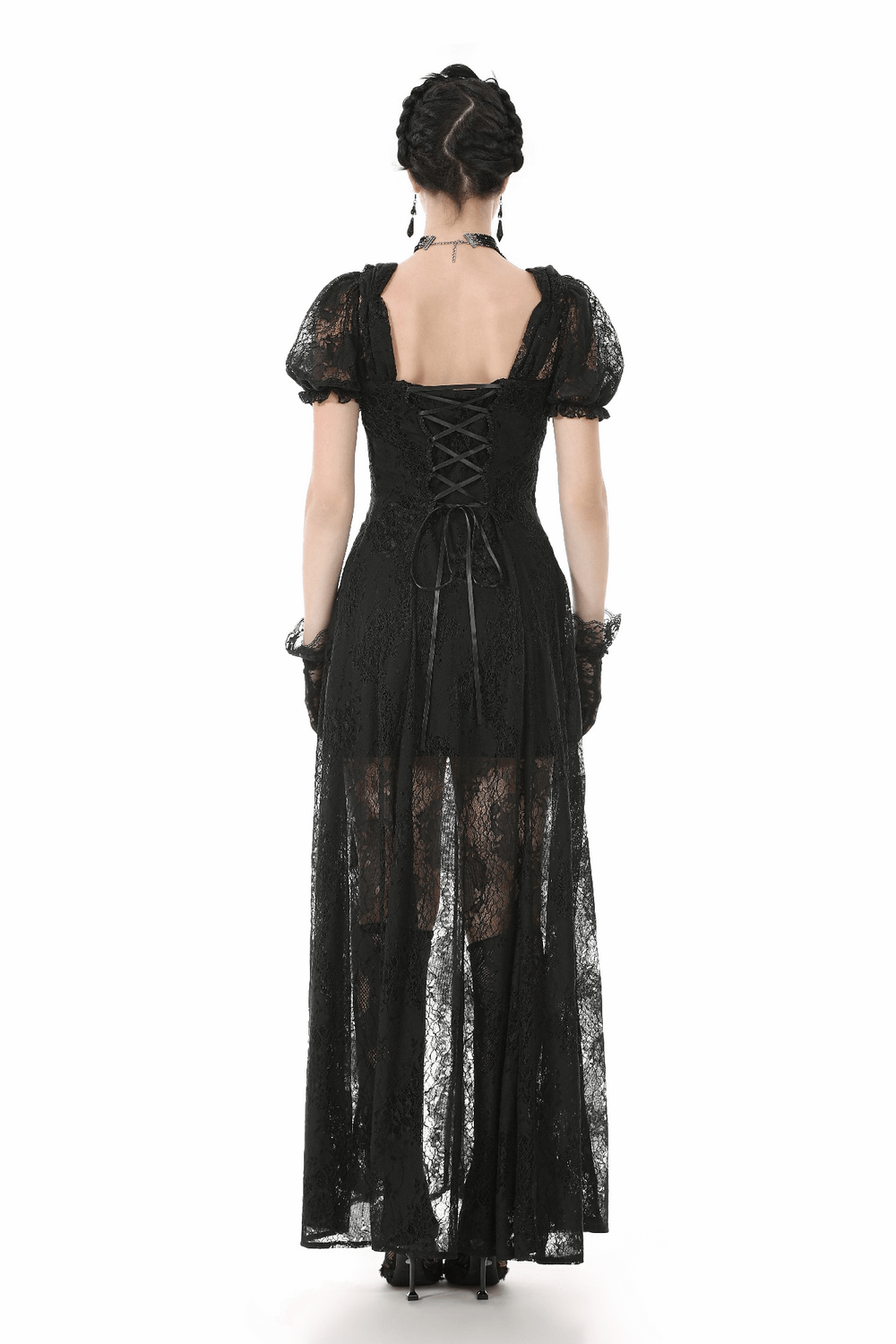 Gothic black lace puff sleeve long maxi dress showcasing corset back and sheer skirt, perfect for elegant evening wear.