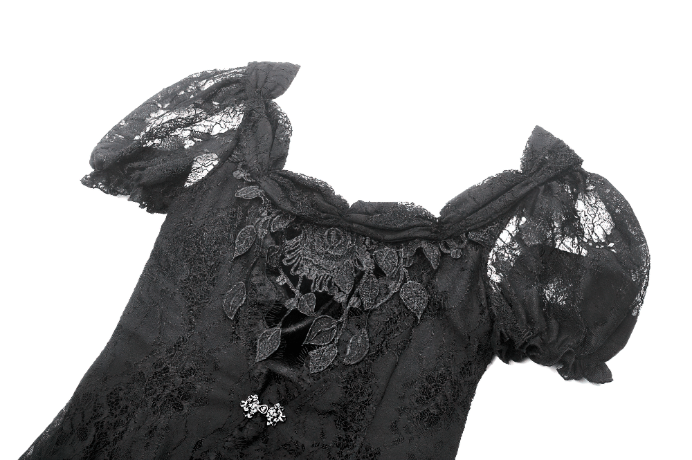 Gothic black lace puff sleeve long maxi dress with floral neckline and corset back details.