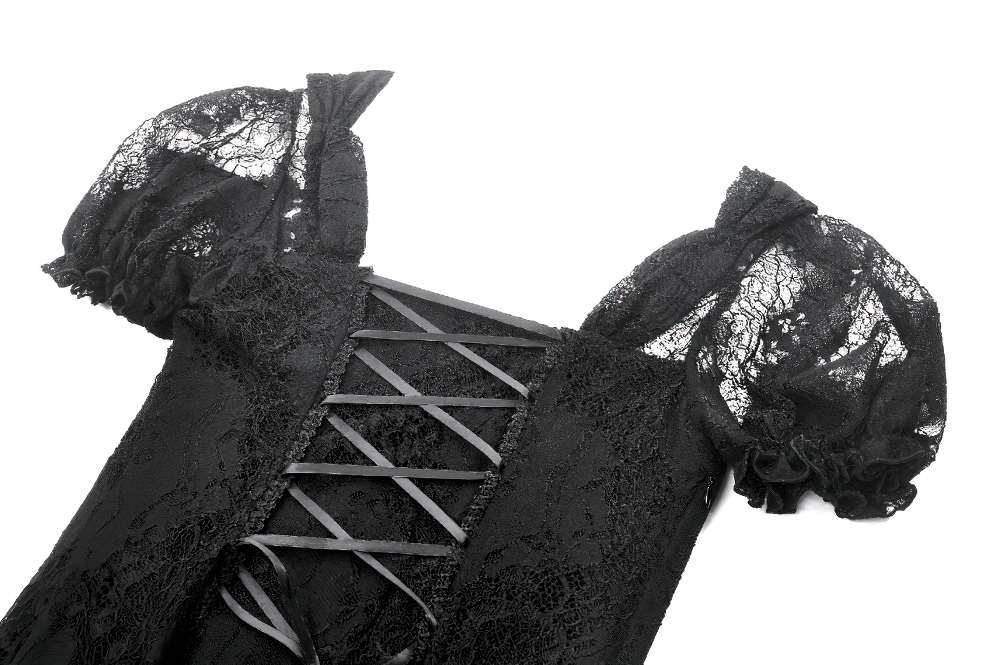 Gothic black lace dress featuring puff sleeves and adjustable corset back, perfect for evening wear and romantic events.