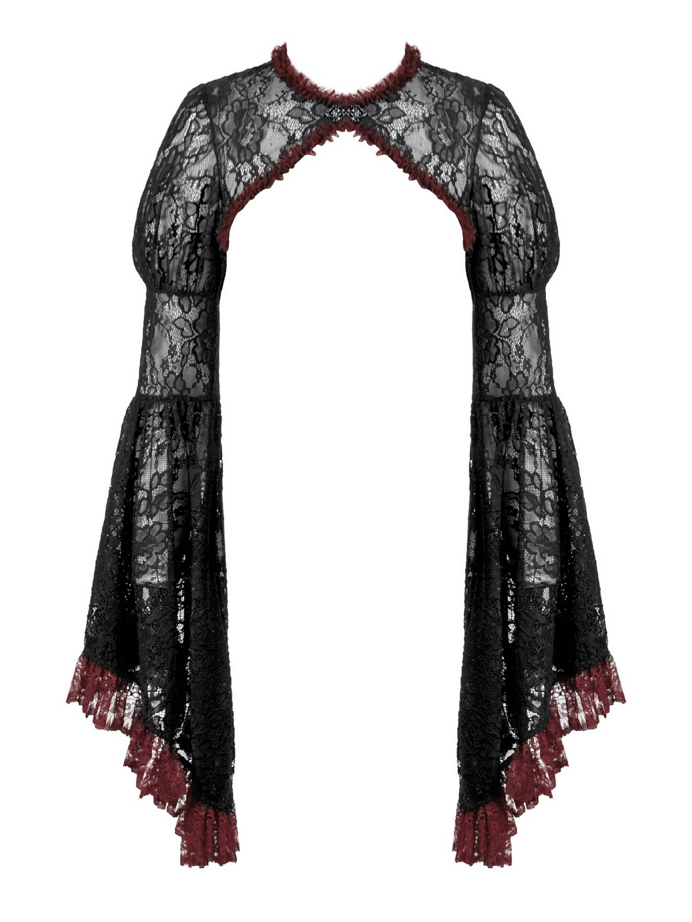 Gothic Black Lace Shrug with Red Ruffled Trim Sleeves showcasing dramatic flared cuffs and intricate detailing.