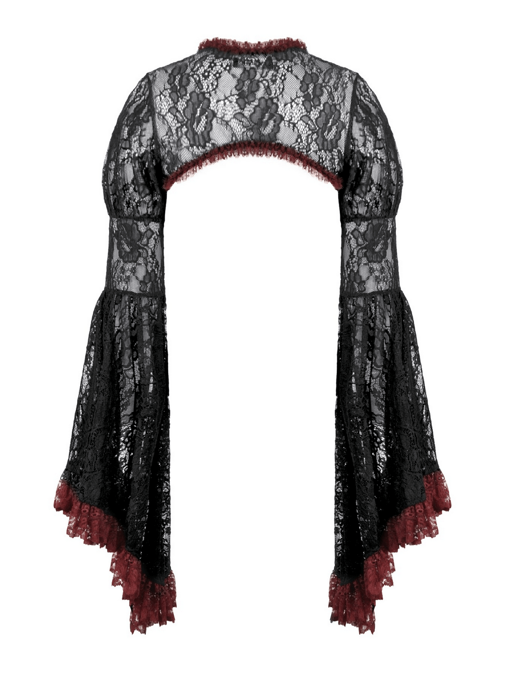 Gothic Black Lace Shrug with Red Ruffled Trim Sleeves featuring dramatic flared cuffs and intricate detailing.