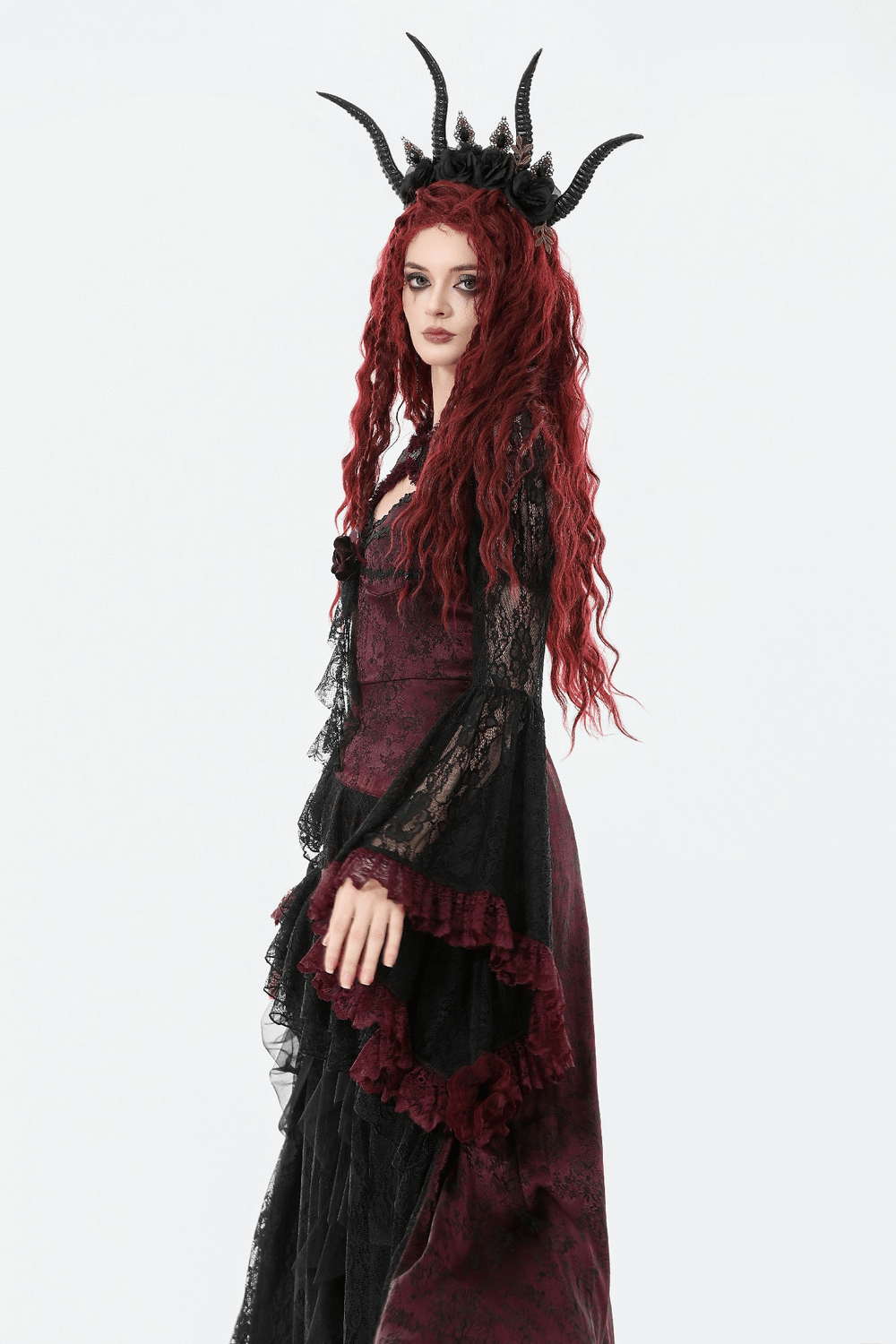 Gothic Black Lace Shrug with Red Ruffled Trim Sleeves worn by model with red hair and horns, showcasing dark elegance.