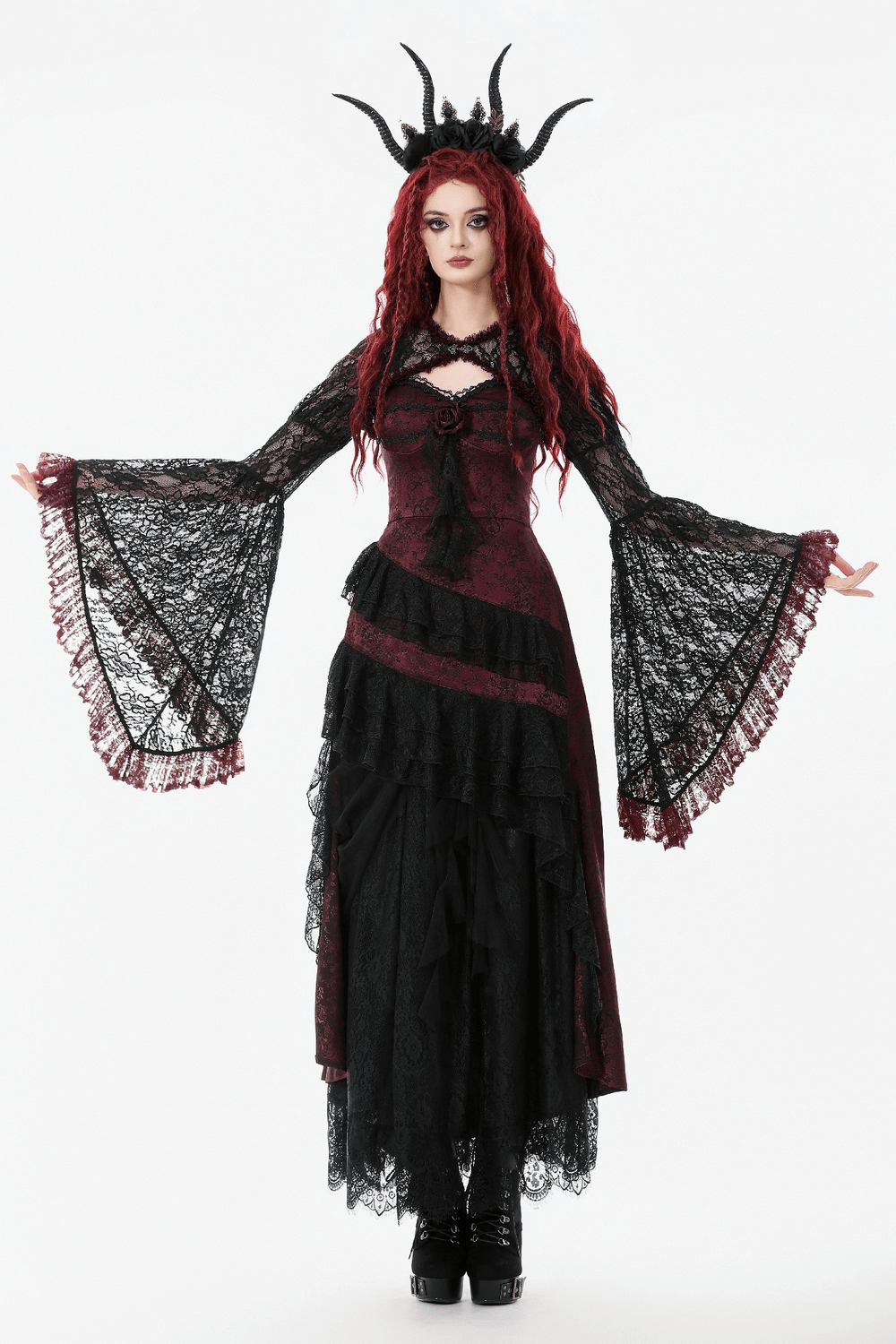 Gothic Black Lace Shrug with Red Ruffled Trim Sleeves worn with dramatic flared sleeves and Victorian-inspired charm.