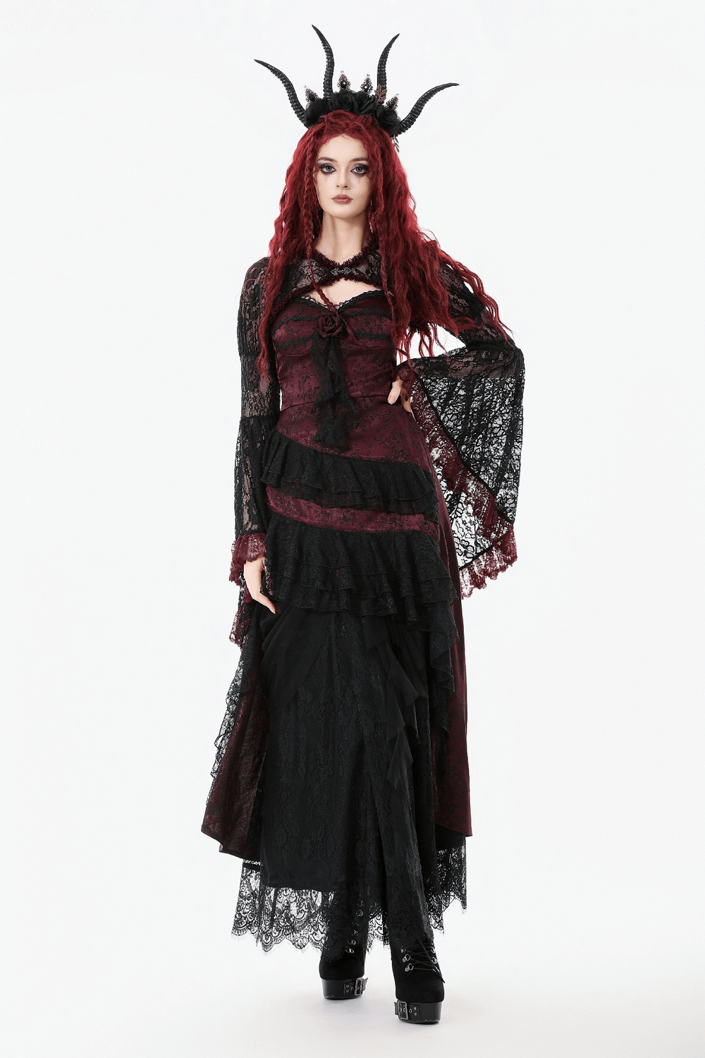 Gothic Black Lace Shrug with Red Ruffled Trim Sleeves worn over a dramatic layered outfit and styled with horns.