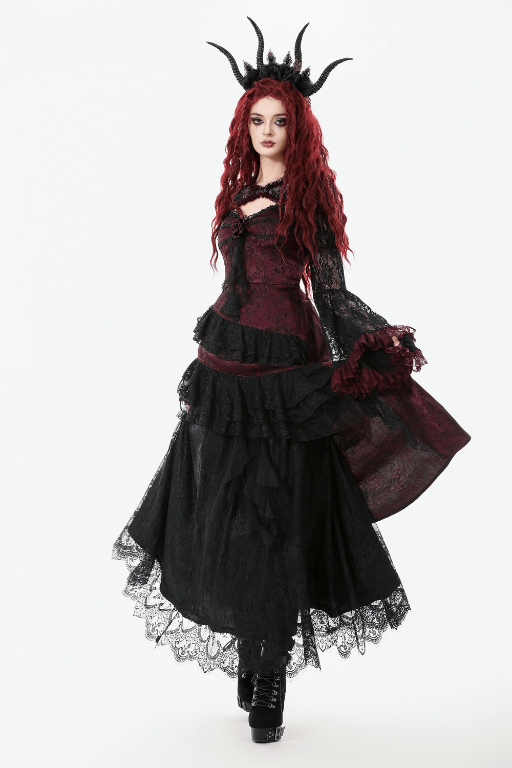 Gothic Black Lace Shrug with Red Ruffled Trim Sleeves worn over a layered black and red Gothic outfit with dramatic accents.