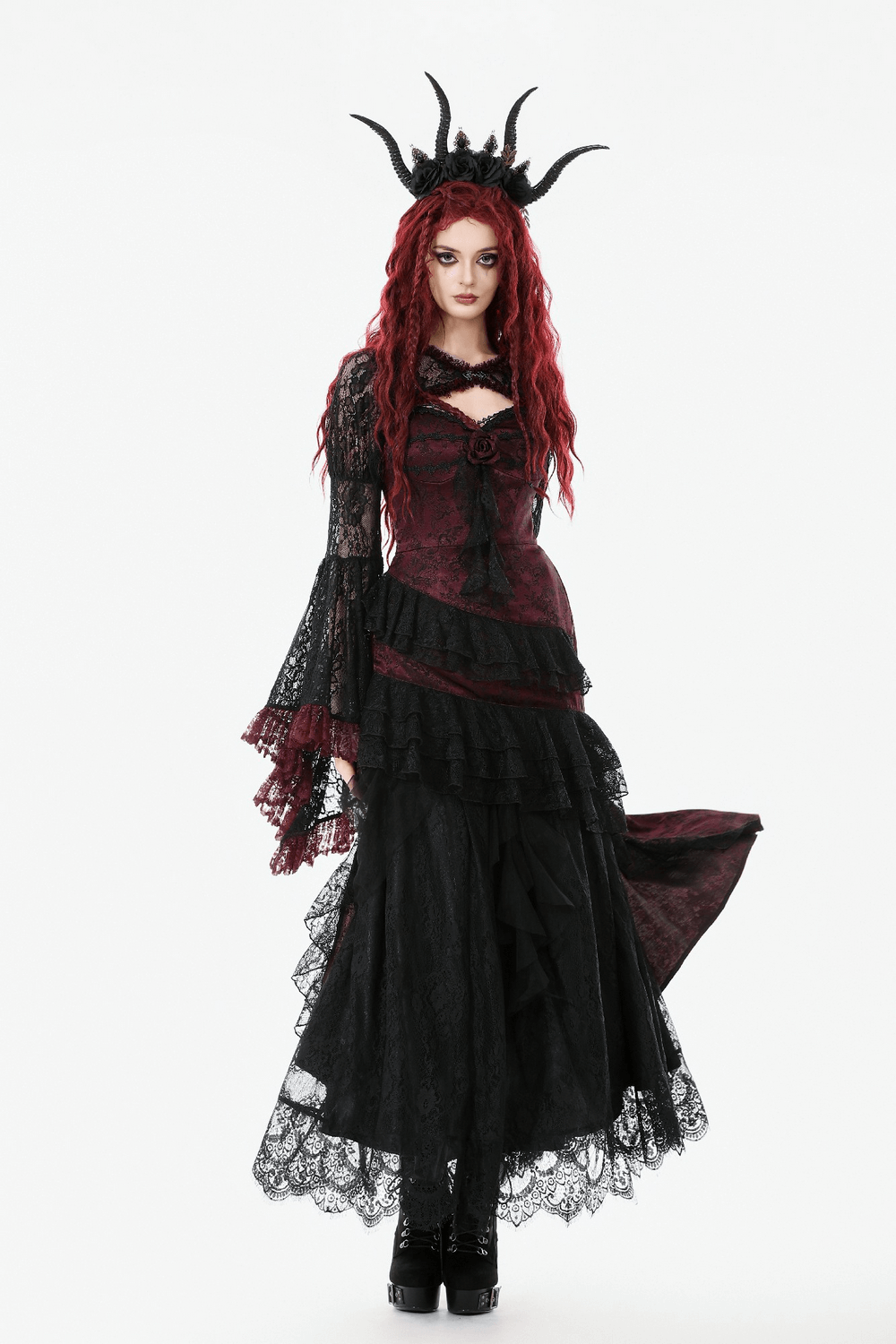 Gothic Black Lace Shrug with Red Ruffled Trim Sleeves worn by model, featuring flared cuffs and a dramatic style.