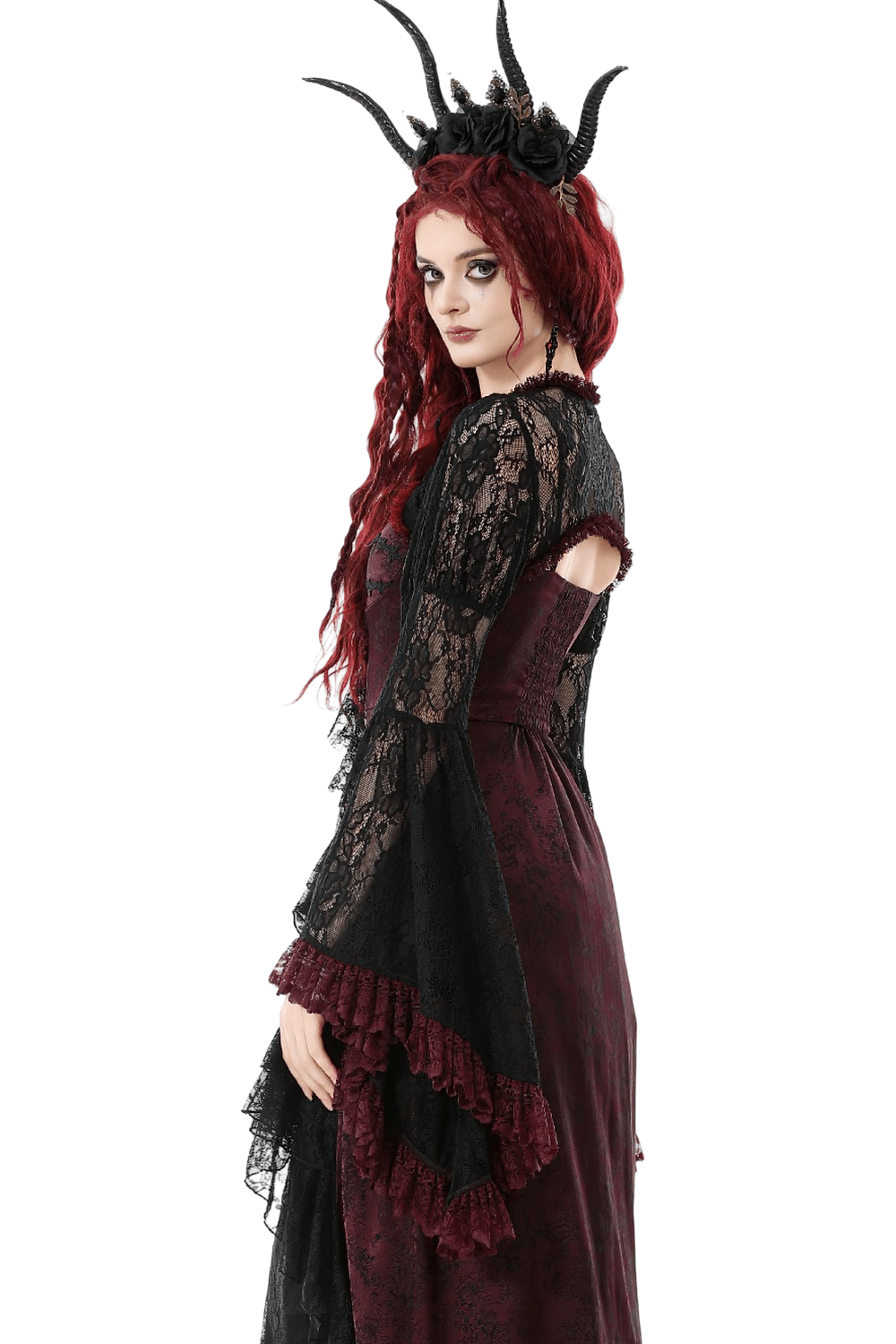 Gothic Black Lace Shrug with Red Ruffled Trim Sleeves worn with dramatic flared sleeves and a gothic headpiece.