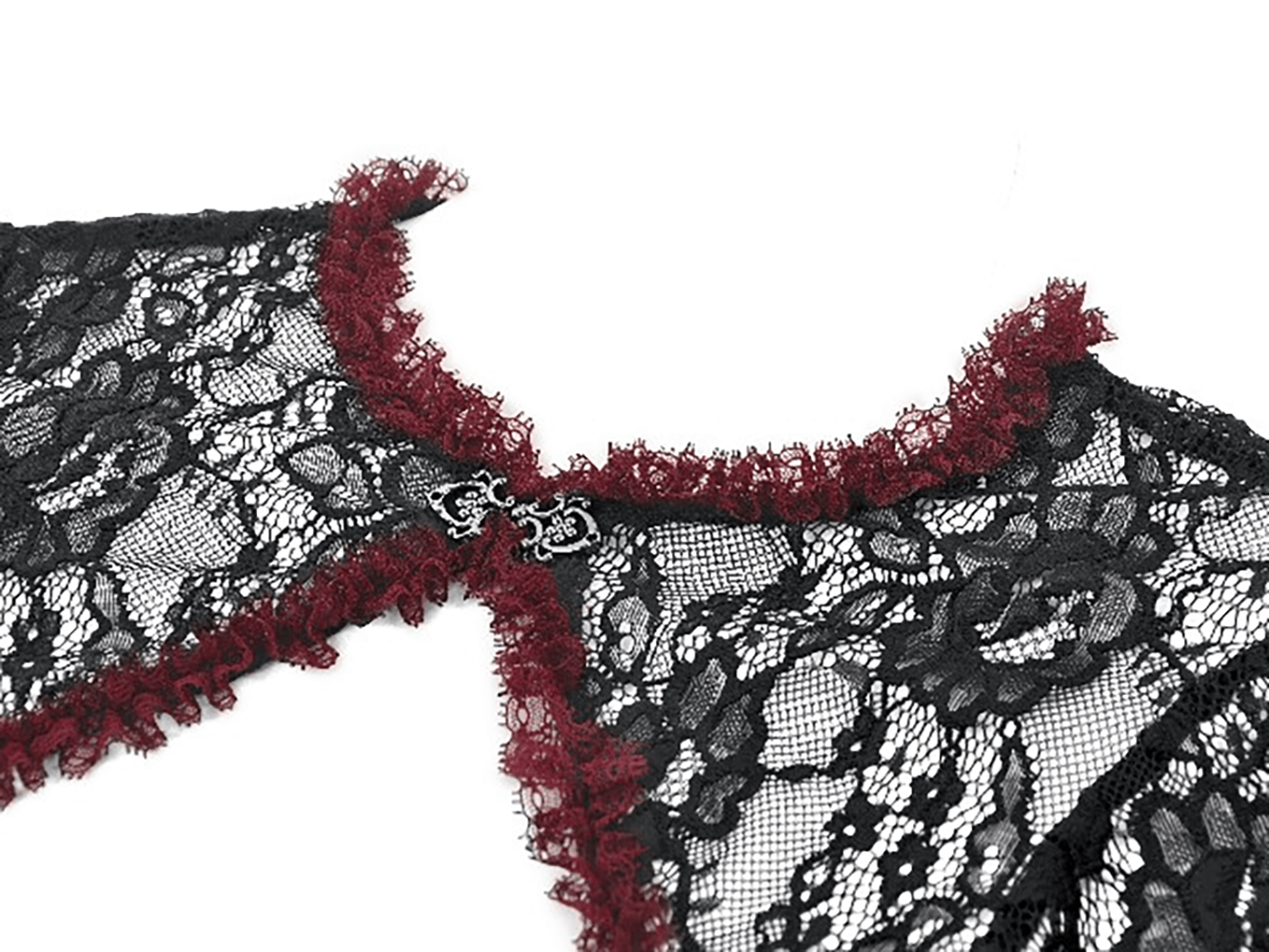 Gothic Black Lace Shrug with Red Ruffled Trim Sleeves featuring intricate lace and flared cuffs.