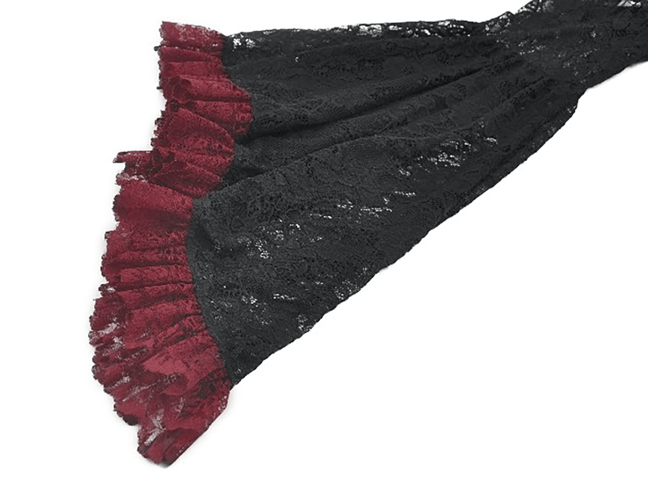Gothic Black Lace Shrug with Red Ruffled Trim Sleeves featuring flared cuffs and intricate lace detailing.