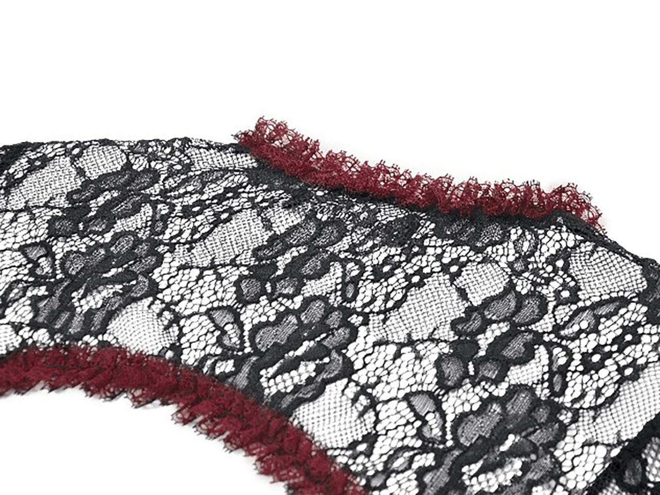 Gothic Black Lace Shrug with Red Ruffled Trim Sleeves close-up showcasing intricate lace detailing and flared cuff.