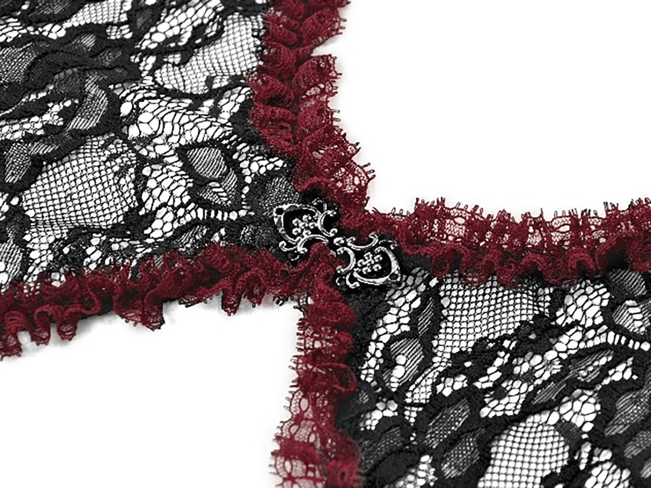 Gothic Black Lace Shrug with Red Ruffled Trim Sleeves showcasing intricate lace and ruffled edges.