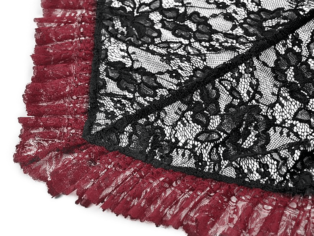 Gothic Black Lace Shrug with Red Ruffled Trim Sleeves close-up showcasing intricate lace and dramatic flared ruffles.