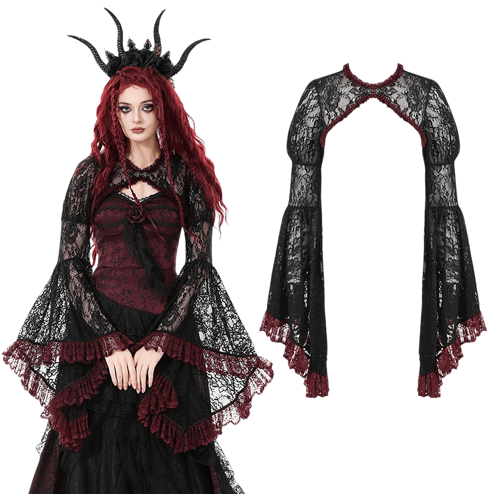 Gothic Black Lace Shrug with Red Ruffled Trim Sleeves, featuring dramatic flared sleeves and intricate lace design.