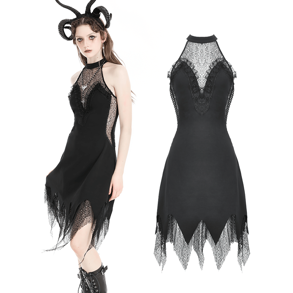 Gothic Black Lace Sleeveless Mini Dress with Zip Back