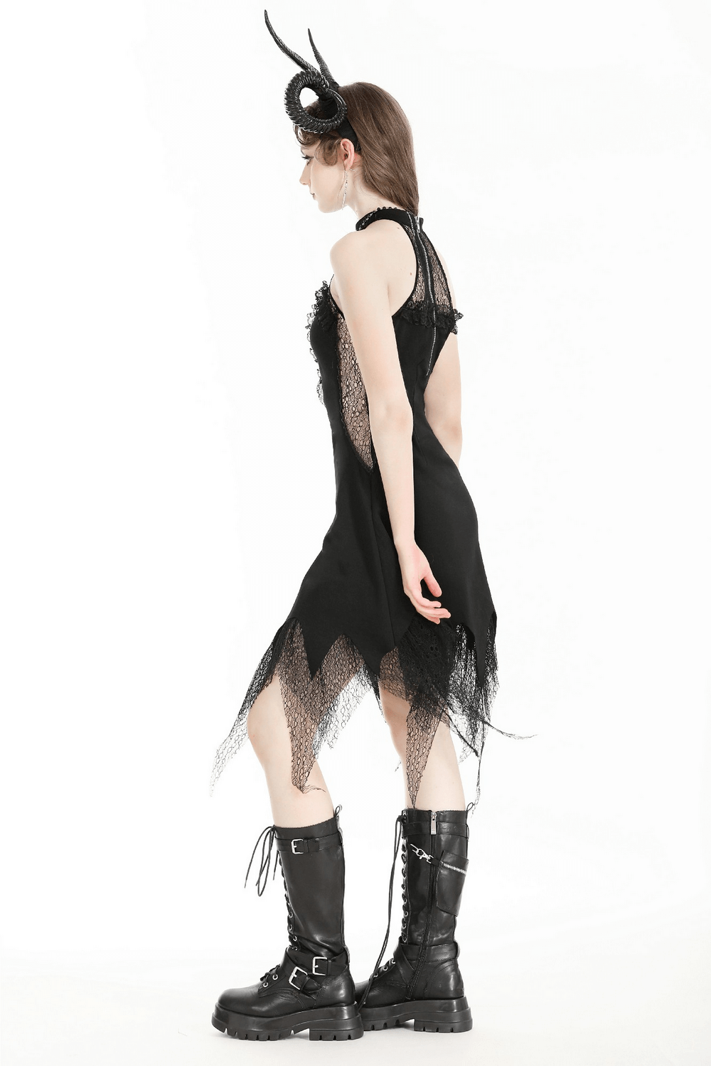 Gothic Black Lace Sleeveless Mini Dress with Zip Back