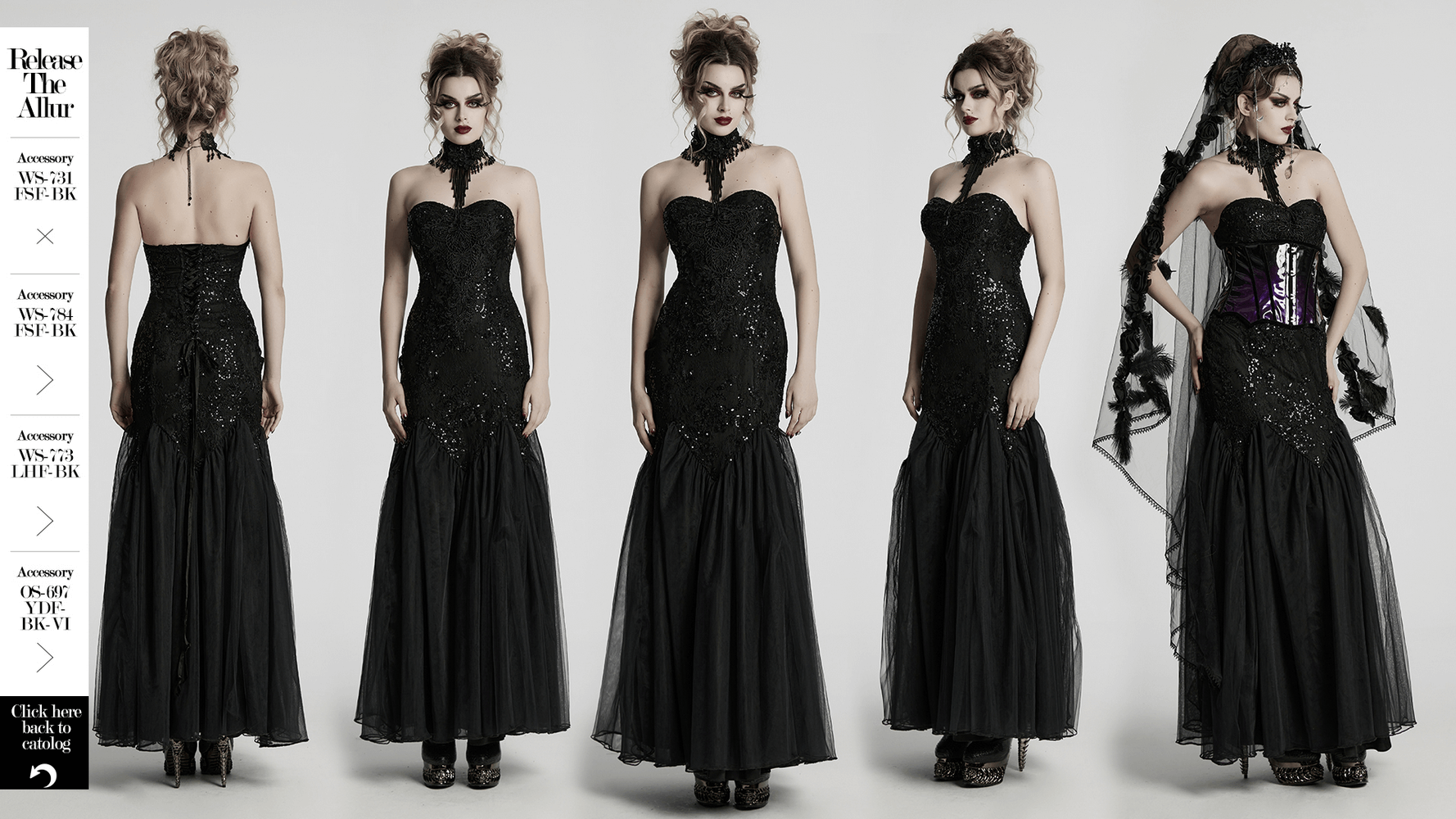 Gothic black lace strapless maxi dress with sequins, showcasing a glamorous silhouette and elegant design.