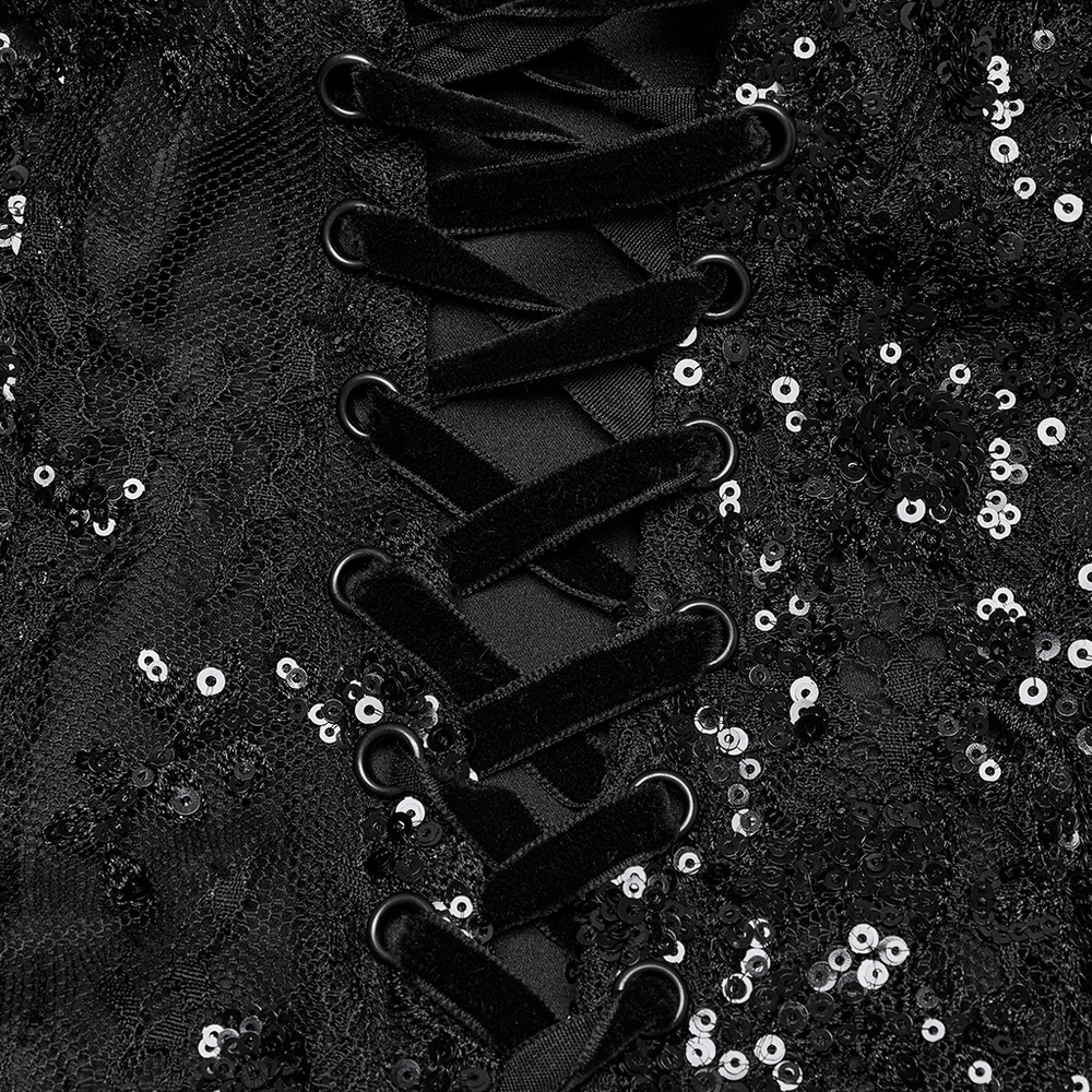 Close-up of gothic black lace strapless maxi dress with sequins and corset-style back lacing.