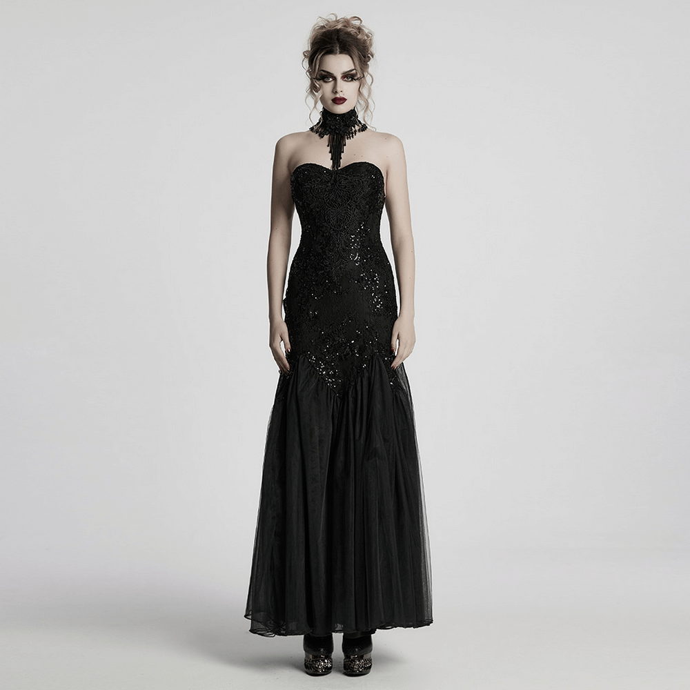 Gothic black lace strapless maxi dress with sequins and dramatic silhouette, elegant retro floral patterns included.