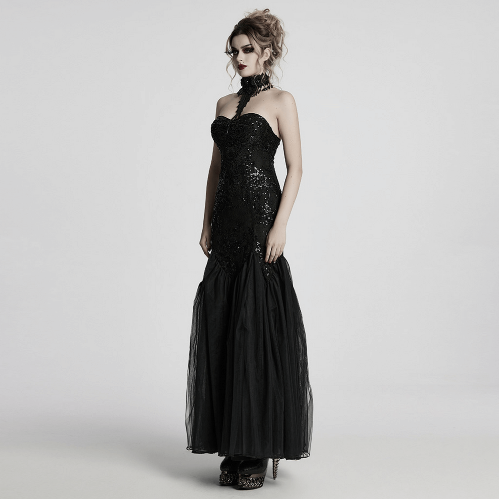 Elegant Gothic black strapless maxi dress featuring lace, sequins, and a dramatic layered gauze skirt.