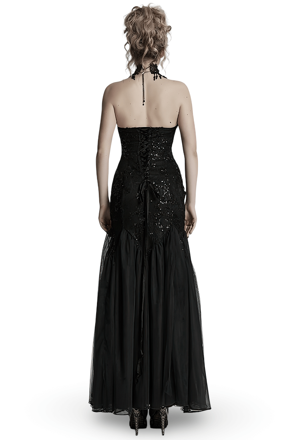 Gothic Black Lace Strapless Maxi Dress with Sequins Gothic Black Lace Strapless Maxi Dress with Sequins