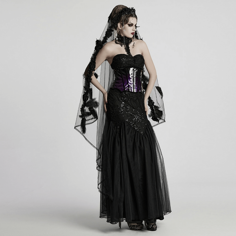 Gothic black lace strapless maxi dress with sequins, featuring corset back lacing and layered gauze skirt.