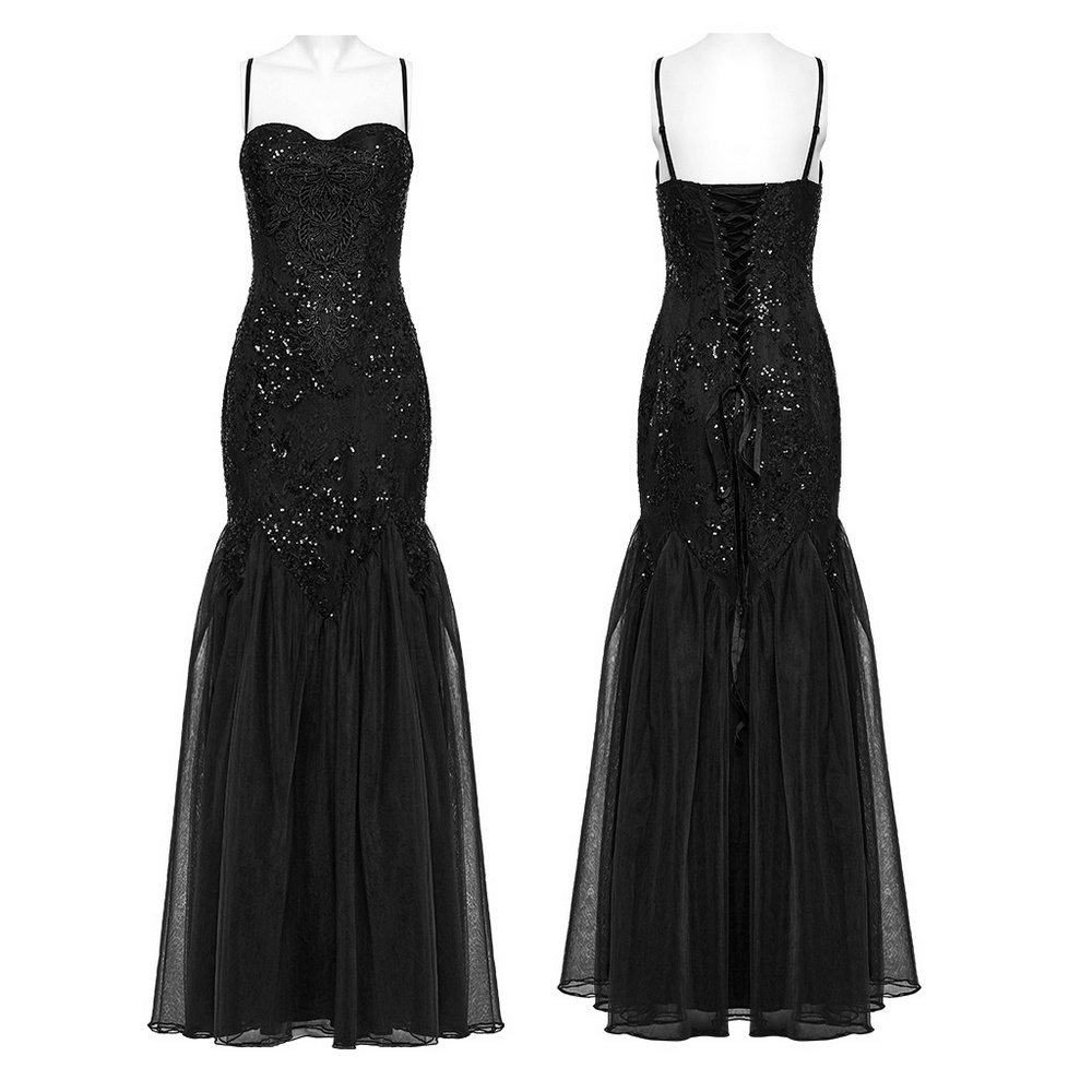 Elegant gothic black lace strapless maxi dress with sequins and a flowing gauze skirt.
