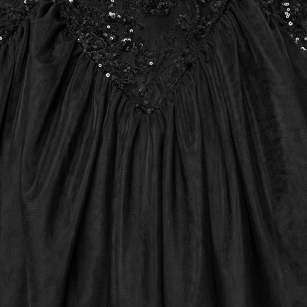 Elegant black lace and sequin detail of a Gothic maxi dress, showcasing layered soft gauze for ethereal allure.