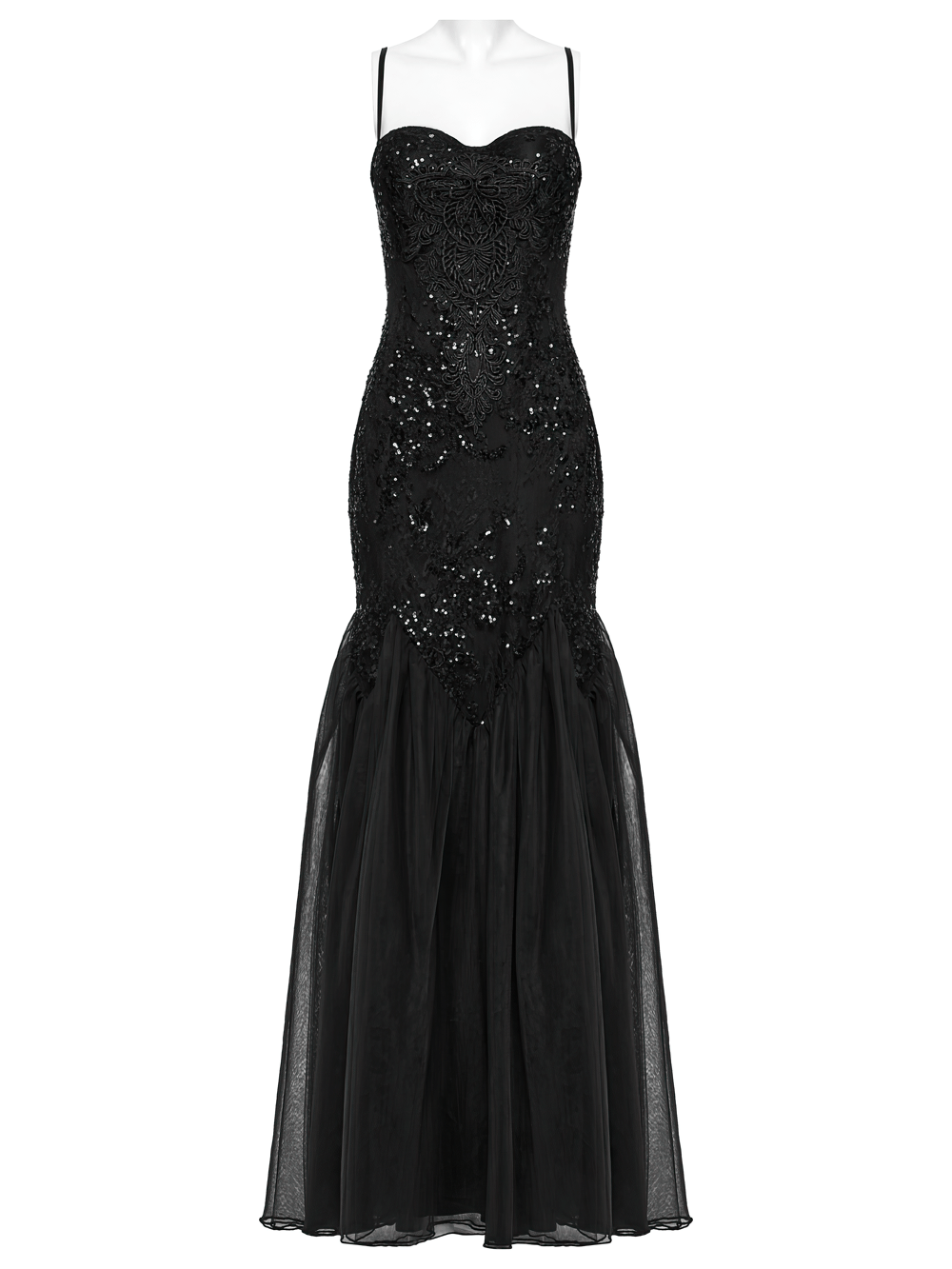 Gothic black lace strapless maxi dress with sequins and layered gauze skirt for an elegant silhouette.
