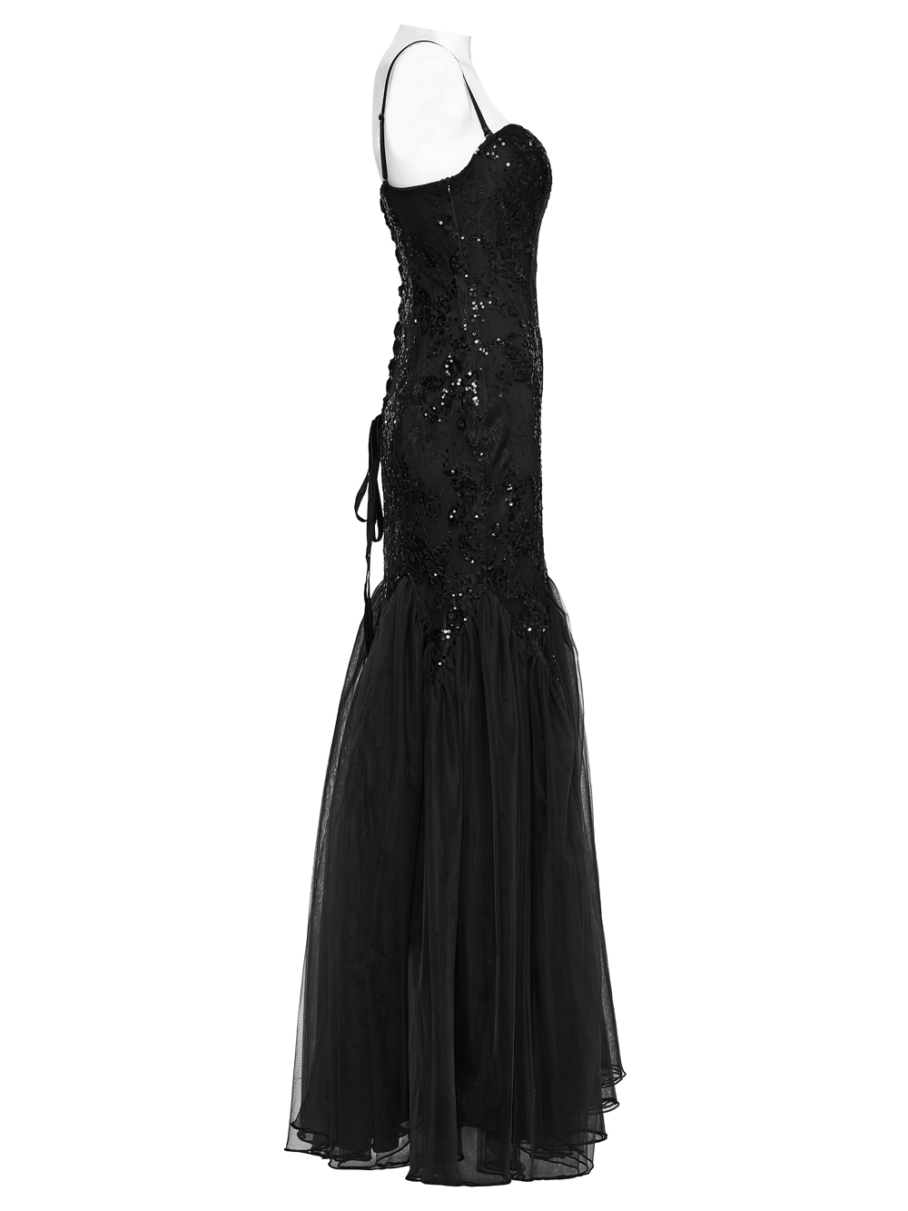 Gothic black lace strapless maxi dress with sequins and layered gauze skirt for elegant flair.