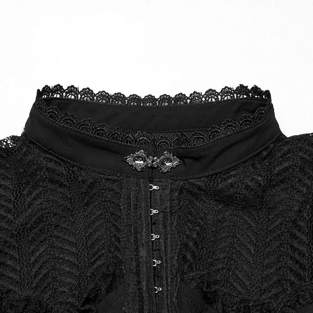 Gothic black lace collar with intricate design and lace buckle detail on shirt.