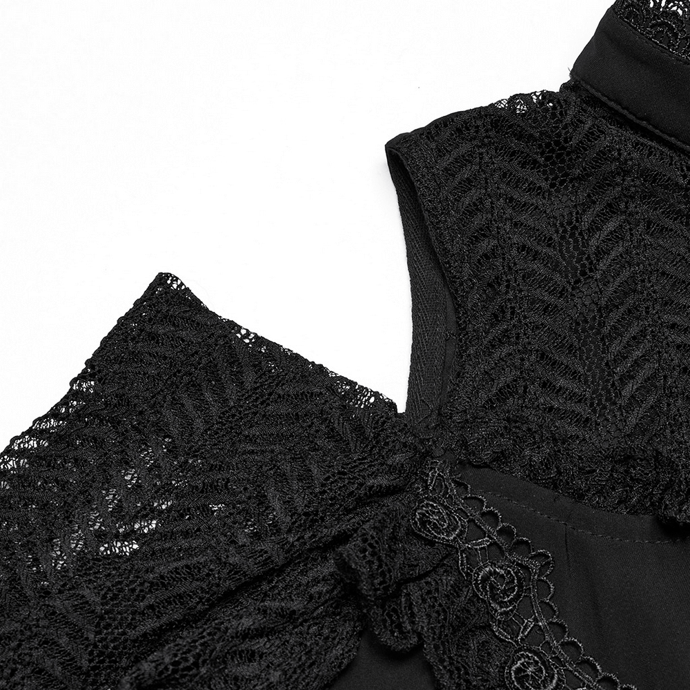 Close-up of gothic lace detail on black swing sleeve shirt with elegant ruffles and intricate lace buckle.