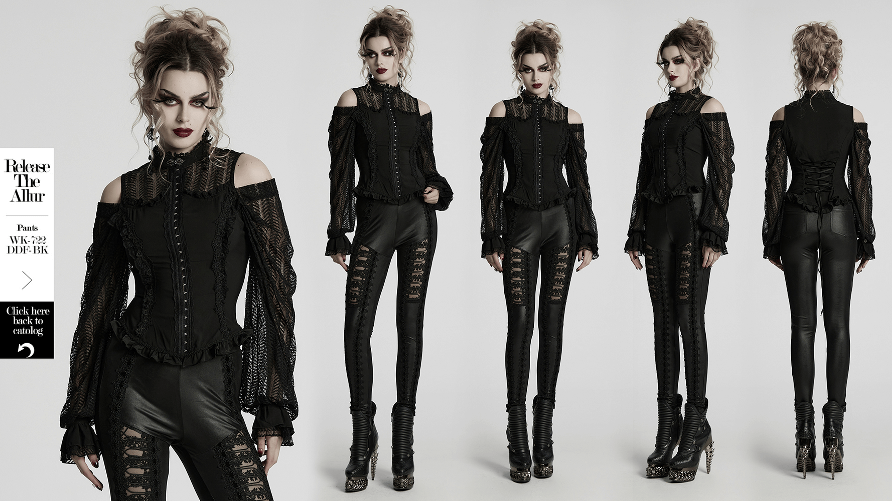 Gothic black lace shirt with swing sleeves, ruffles, and rose details, styled for a dark, elegant look.