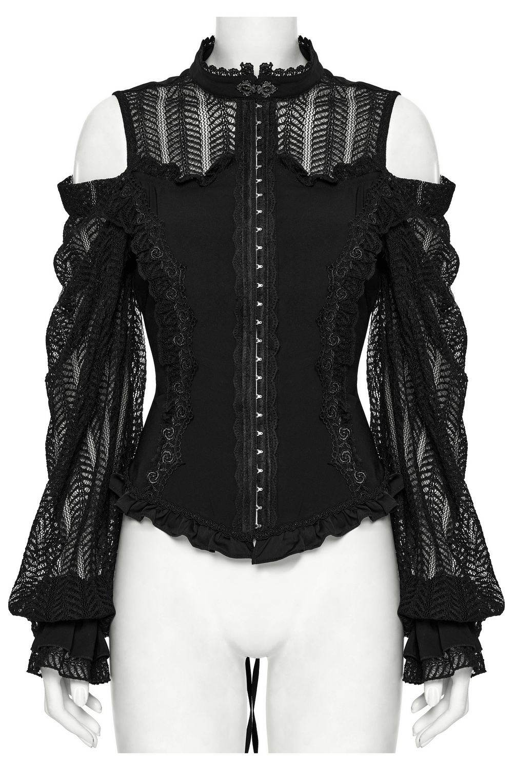 Gothic black lace swing sleeve shirt with rose details, featuring elegant ruffles and chiffon fabric for a dark, stylish look.