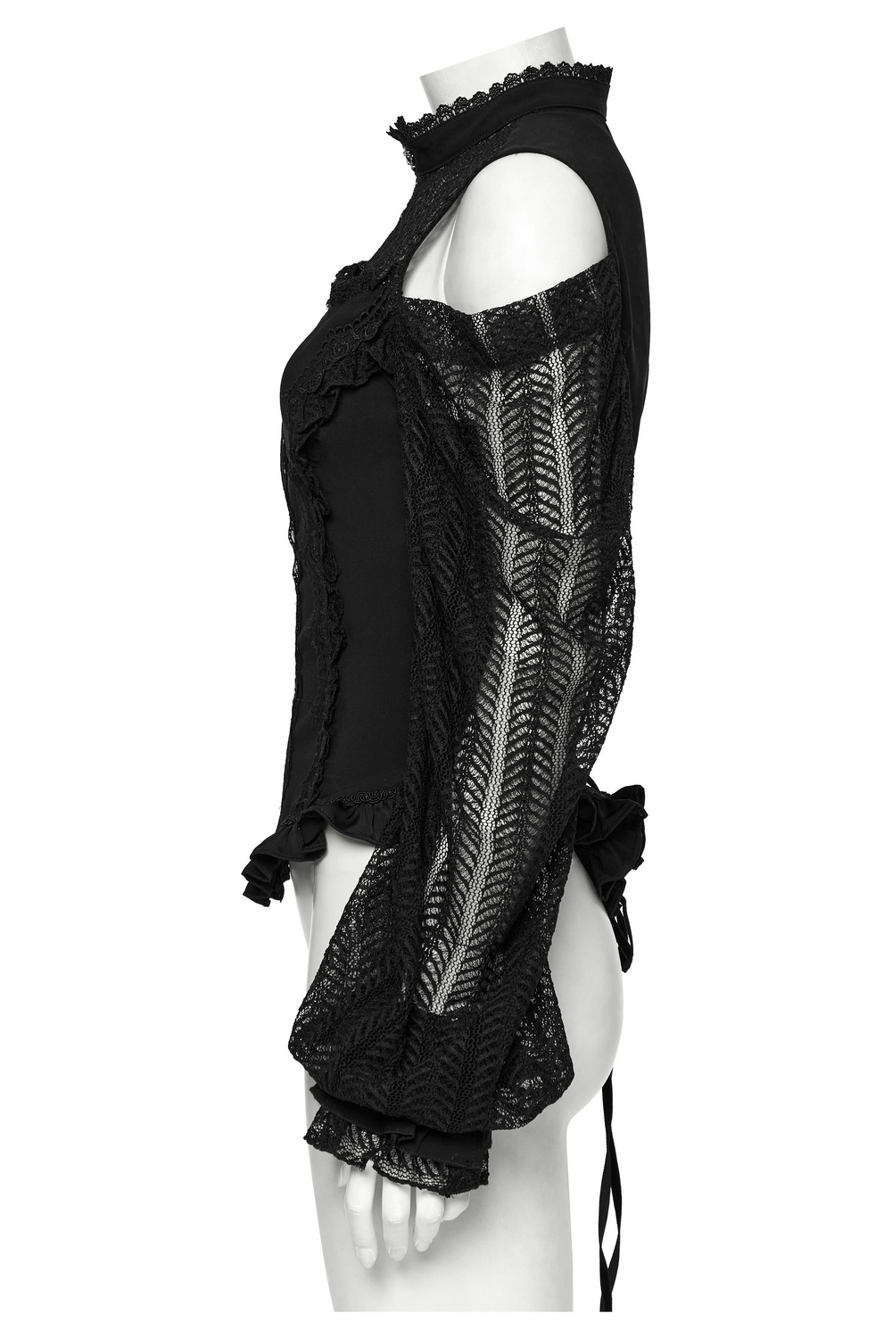 Gothic black lace swing sleeve shirt featuring ruffles and rose details for a stylish dark look.