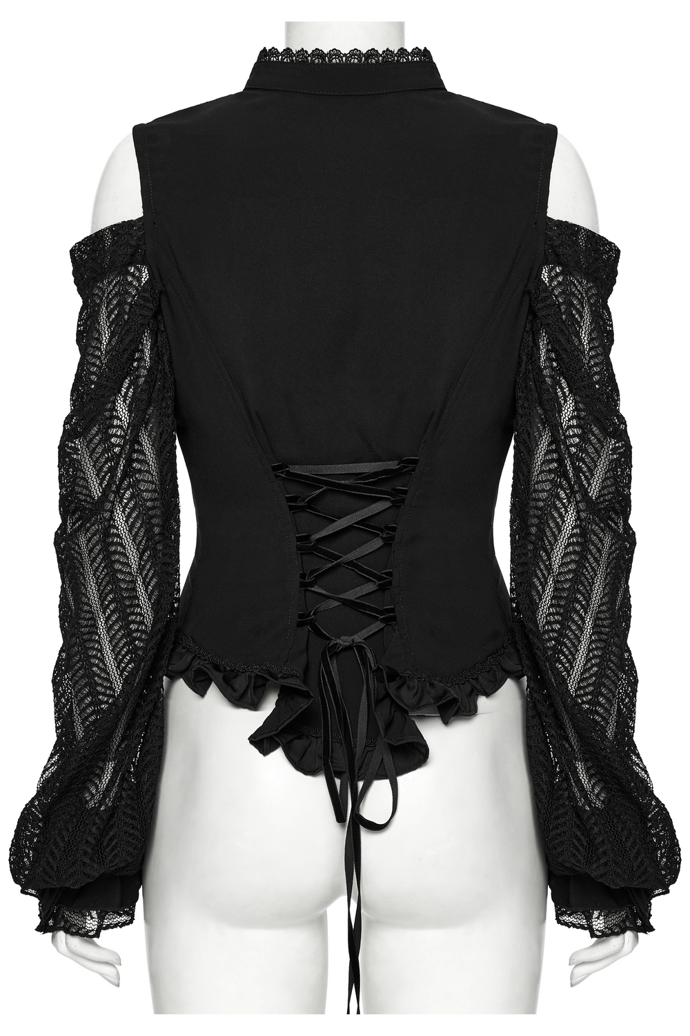 Gothic black lace swing sleeved shirt with rose details, showcasing elegant lace and ruffles from the back.