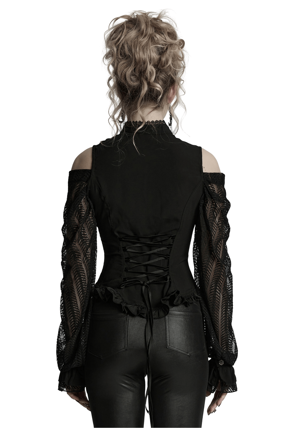 Back view of a gothic black lace swing sleeved shirt with ruffles and lace details, showcasing a stylish fit.