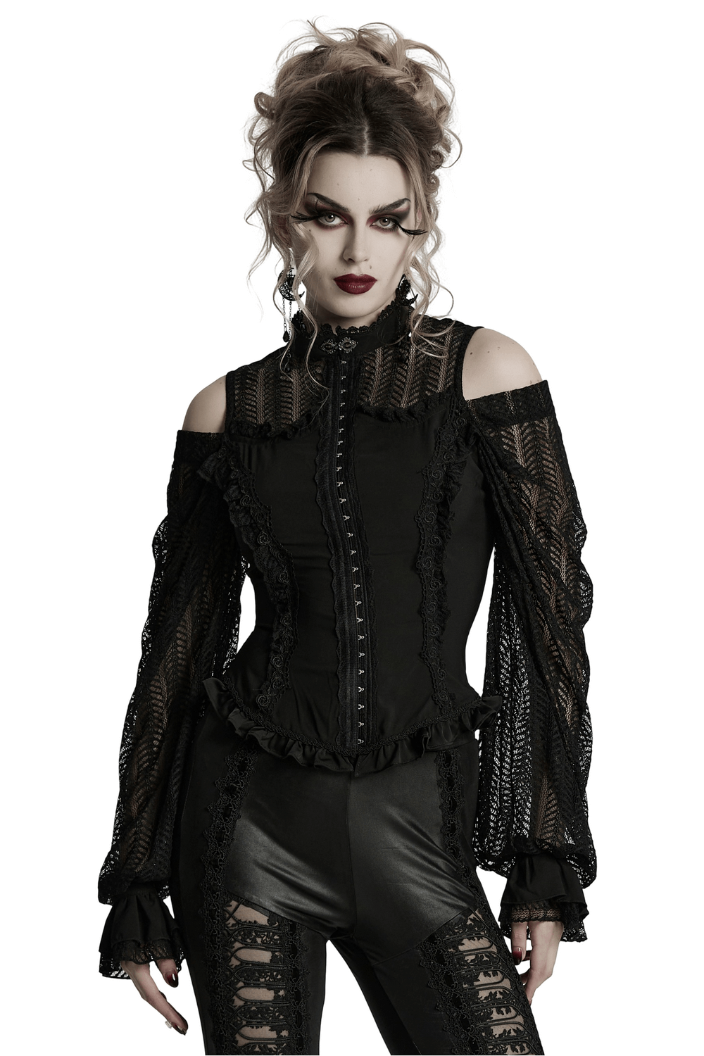 Gothic black lace swing sleeved shirt with rose details and ruffles, perfect for a dark, elegant wardrobe.