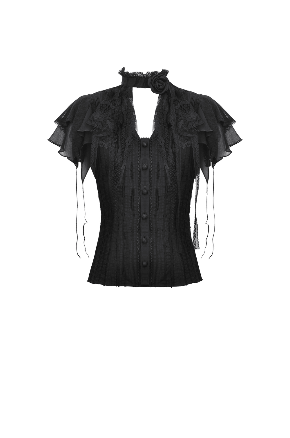 Gothic black lace trim blouse with ruffled sleeves, featuring a high-neck collar and intricate lace detailing.