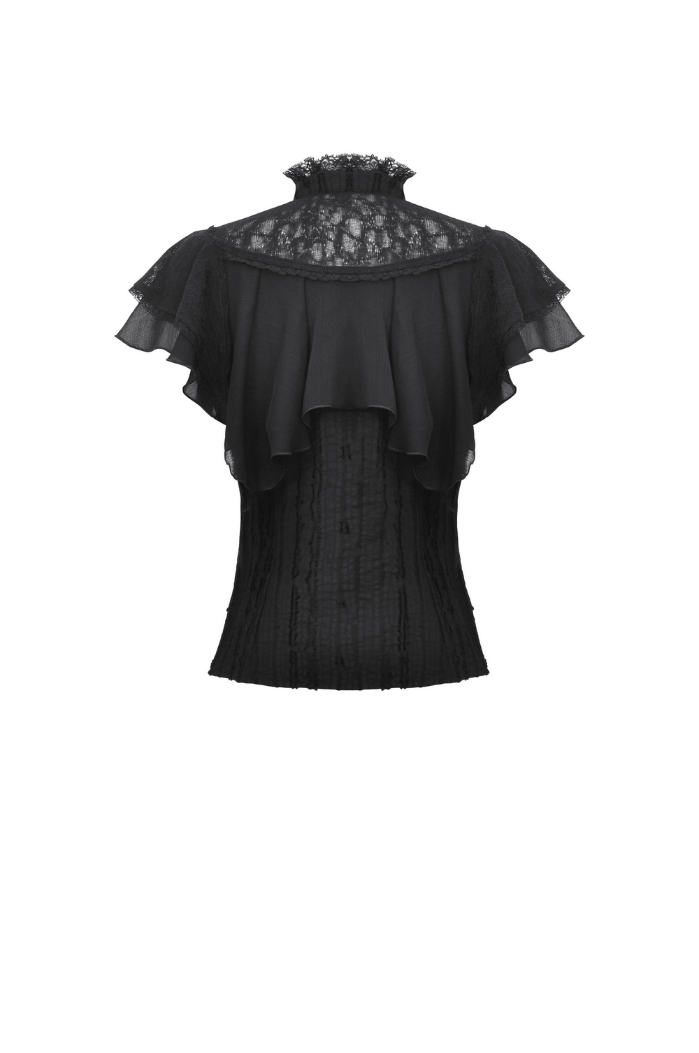 Gothic black lace trim blouse with ruffled sleeves, featuring a high-neck collar and elegant Victorian-inspired design.