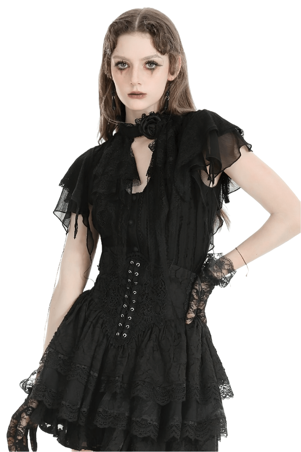 Gothic black lace blouse with ruffled sleeves, button-down front and elegant lace flower detail, perfect for dark fashion.